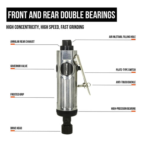 Quarter Inch Pneumatic Straight Air Die Grinder Heavy Duty Industrial Power Tool For Precision Polishing And Bold Metal Processing with detailed labeling.