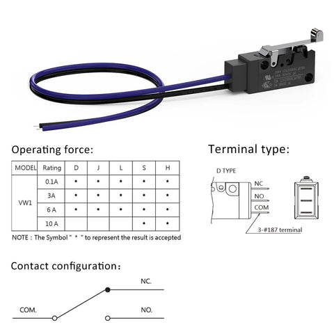 Hinge Lever Waterproof Momentary Push Button Micro Switch 1NO Snap Action Mini Switch 2 Pins 30cm Wire with diagrams