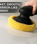 7.5 Inch Wool Polishing Pads 2-Pack For Cars Boats RVs in use, yellow wool pad on polisher removing swirls and defects