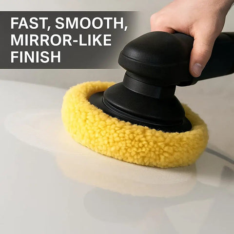 7.5 Inch Wool Polishing Pads 2-Pack For Cars Boats RVs in use, yellow wool pad on polisher removing swirls and defects