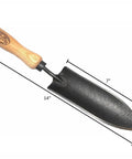 Lightweight Transplant Trowel With Short Handle For Precise Planting And Transplanting In Tight Spaces Narrow Blade For Quick Bulb Planting And No Sweat Digging In Small Beds Built To Last, 14-inch with wood handle and steel blade, size dimensions.