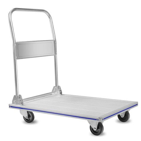 35 Inch Long By 21 Inch Wide Aluminum Platform Truck Foldable Cart With 800 Lb Capacity shown unfolded with non-slip surface and wheels