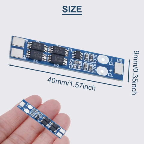 No Fuss 10 Pack 2S Lithium Battery Protection Board With Nickel Tabs 8A Max Load BMS For 18650 Cells displayed with size details.