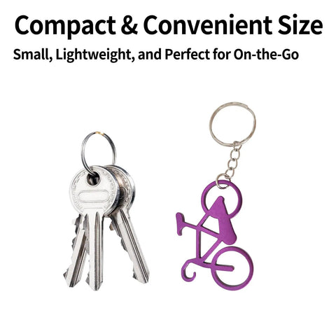 Six Pack Bicycle Bottle Opener Keychain Kit with chain key ring next to keys, anodized aluminum, compact size