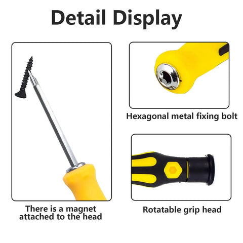 6 In 1 Screwdriver Set With Magnetic Precision Bits showing rotatable grip head and hexagonal metal fixing bolt
