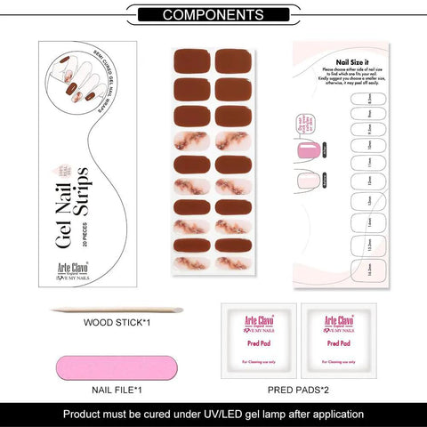 Semi Cured Gel Nail Strips In Brick Red Marble Fall Brown 20 Pack with nail file and prep accessories for easy DIY manicures