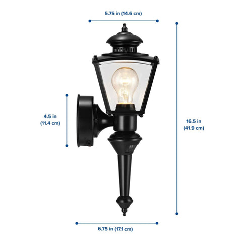 Four Sided Motion Activated Coach Light Outdoor Porch Lantern In Black Brass Charleston Style, side view with dimensions