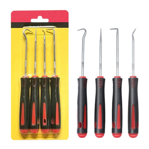 4-piece automotive pick tool set with stainless steel picks and black/red ergonomic handles