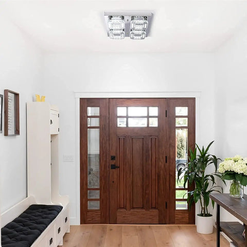 Crystal Flush Mount Chandelier With Remote Dope Modern 4 LED Square Ceiling Light Dimmable Brightness in foyer