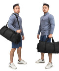 Man holding 40L Military Tactical Duffle Bag For Men With Shoe Compartment Gym Gear Tote For Travel Training Weekend Trips And Sports Equipment Like Basketballs And Footballs.