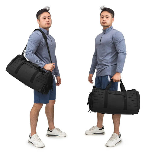 Man holding 40L Military Tactical Duffle Bag For Men With Shoe Compartment Gym Gear Tote For Travel Training Weekend Trips And Sports Equipment Like Basketballs And Footballs.