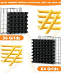 French fry cutter with stainless steel frame and black grid insert; two blade grids (36/64) for making fries.