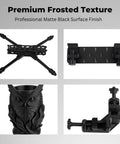 Four matte black 3D printed components, showcasing Premium Frosted Texture, made with PETG CF Pro HF 3D Printer Filament.