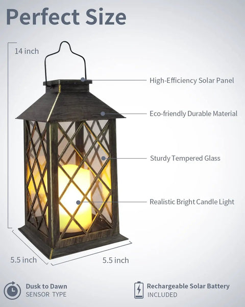 Outdoor Solar Lanterns 2 Pack 14 Inch Waterproof LED Hanging Lights With Flickering Flameless Candle For Garden Patio Table Decor Lasts 3X Longer 12 To 16 Hour Run Time Monocrystalline Panel showing metal lantern design