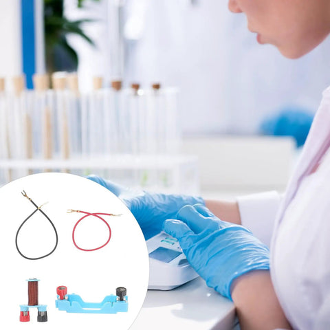 Close-up of scientist with electro kit and test tubes. Two Set Electromagnet Experiment Kit For Physics Teaching And Magnetism Labs In Primary School