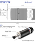 Diagram and photo of CNC Beast Brushless Spindle Motor Kit 600W ER16 48V DC 0 To 9000RPM with dimensions and components labeled