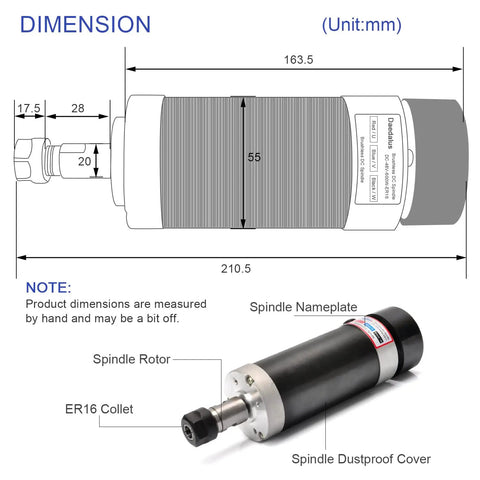 Diagram and photo of CNC Beast Brushless Spindle Motor Kit 600W ER16 48V DC 0 To 9000RPM with dimensions and components labeled