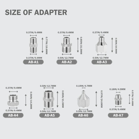 Diagram of Seven Piece Airbrush Adapter Kit With Multi Size Fittings Including 1/8 In, 1/4 In And M5 BSP Threads, Metal Couplings