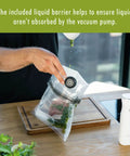 Fresh And Save 10 Piece Vacuum Sealer Bags Set For Sous Vide Meal Prep And Freezer Storage Assorted Sizes Keeps Food Fresh Up To Five Times Longer And Cuts Waste shown hands sealing bag with food and vacuum pump on table