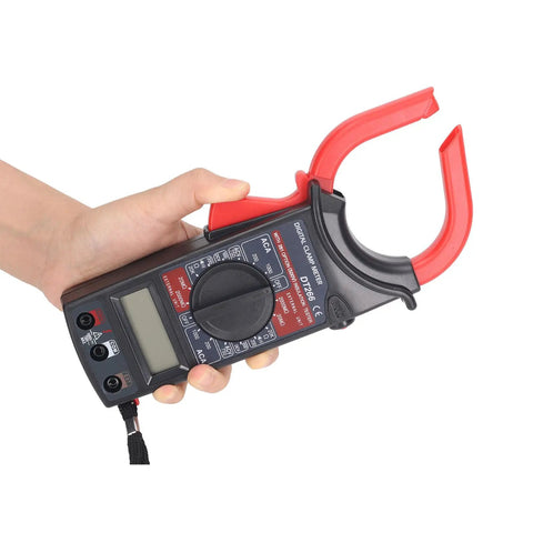 Hand holding AC DC Auto Range Clamp Meter With Beeper 1000A Voltage Tester For Electricians And DIY Projects, NCV Testing, Wide Range