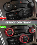 Comparison of dashboard without and with Aluminum Alloy Climate Control Knob Covers Three Piece Button Switch Cover Set For Dodge Challenger Durango 2015 2022 Red Auto Accessories Durable Knob Ring Trim.