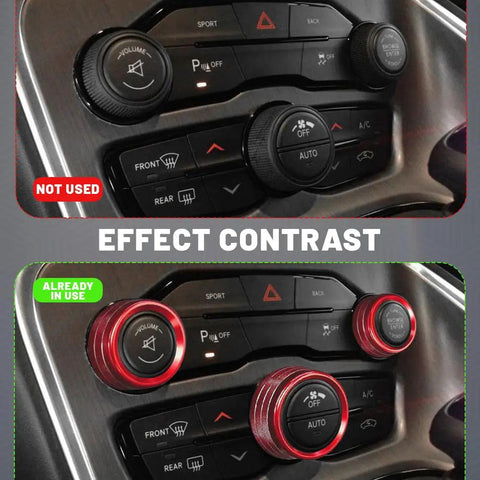 Comparison of dashboard without and with Aluminum Alloy Climate Control Knob Covers Three Piece Button Switch Cover Set For Dodge Challenger Durango 2015 2022 Red Auto Accessories Durable Knob Ring Trim.