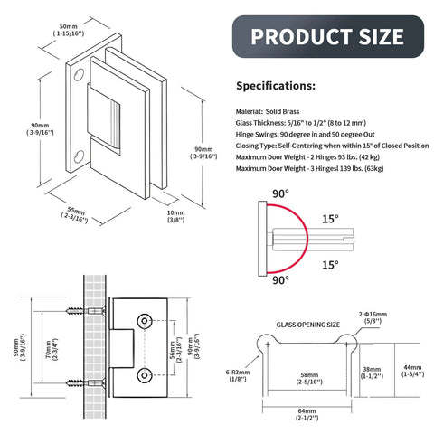 Heavy Duty 90 Degree Glass Shower Door Hinges In Solid Brass Black Finish Replacement Hardware diagram and specifications