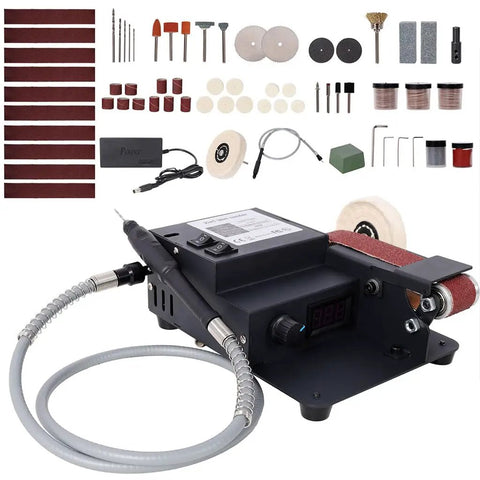 Heavy Duty 2-In-1 Mini Belt Sander With Bench Grinder, 350W Electric Polisher Machine, includes accessories and parts.