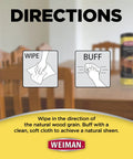 Directions for Clean Sweep Wood Polish and Cleaning Wipes for Furniture and Cabinets showing wipe and buff techniques.