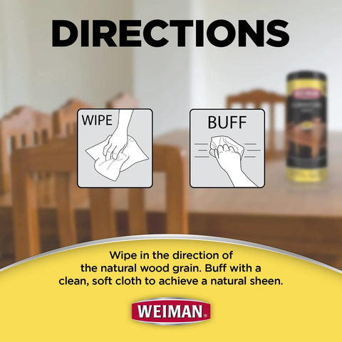 Directions for Clean Sweep Wood Polish and Cleaning Wipes for Furniture and Cabinets showing wipe and buff techniques.