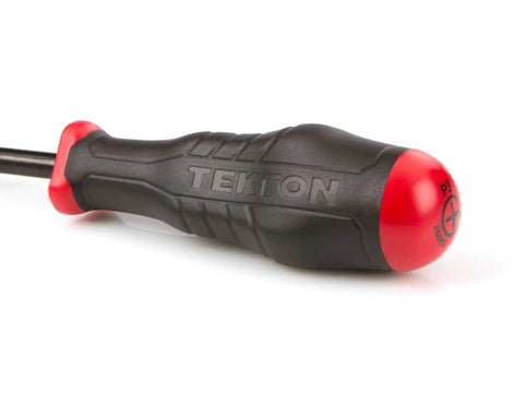 Close-up of the handle of a Long Number Three Phillips High Torque Black Oxide Blade Screwdriver With Three Sided Grip For Max Torque And Fastener Leverage A Real Heavy Duty Hand Tool Made In USA.