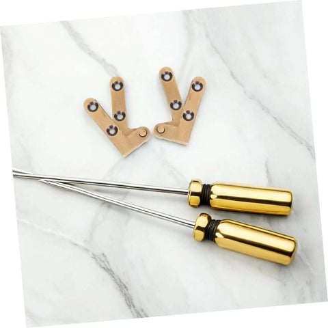 Heavy Duty Invisible Pivot Hinges For Wood Doors Slick Concealed Self-Closing Bronze Finish with screwdrivers displayed on marble