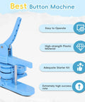 Blue button machine with lever and descriptive features; part of DIY Button Maker Kit With 3 Size Molds 2.28 Inch, 1.25 Inch And 1 Inch