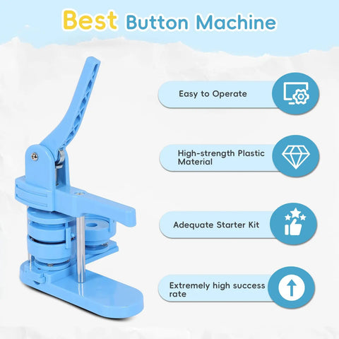 Blue button machine with lever and descriptive features; part of DIY Button Maker Kit With 3 Size Molds 2.28 Inch, 1.25 Inch And 1 Inch