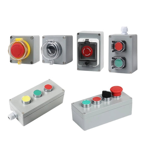 Front view: LZVRX metal push-button control boxes; explosion-proof, waterproof junctions with red emergency stop and colored buttons.
