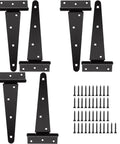 6 Pack 8 Inch T Strap Hinges Heavy Duty Shed Door Hinges Gate Strap Black Tee Hinge for Wooden Fences Yard Barn Doors Gates