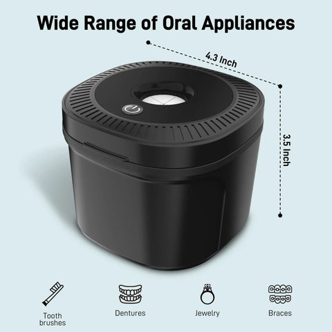 Ultrasonic Retainer Cleaner with UV Lights 45kHz Deep Cleaning Pod in black, 4.3x3.5 inches, for dentures and aligners.