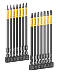 Heavy-Duty 14-Piece Long Torx Bit Set with 6-Inch Reach in S2 Steel, T7-T40 sizes, 1/4 inch hex shank, shown upright in holders