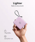 Keep Your Gadgets Juiced 10000mAh Power Bank With Four Built In Cables Fast Charging Portable Battery Pack For Smartphones And Tablets Lightweight Travel Charger In Bold Purple held in hand, showing compact size and design.