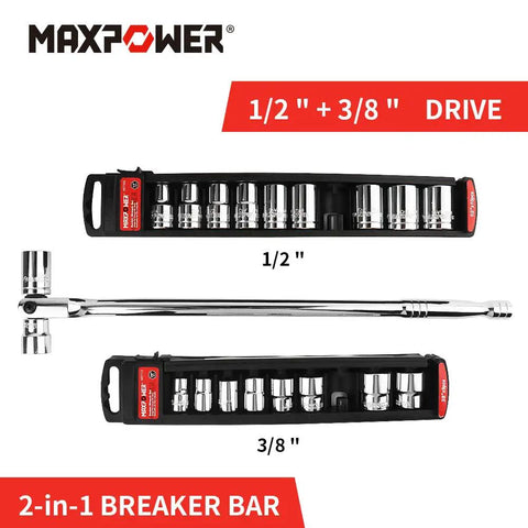 18 Inch Breaker Bar With Dual Half Inch And Three Eighths Drives, Flexible Handle And Swivel Head, 360 Degree Rotate, Cr-Mo Steel, Ergonomic Grip For Loosening Rusted Fasteners, displayed with socket set.