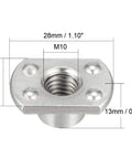 Tough As Nails M10 X1.25 Tab Base Weld Nut shown from above with measurements, carbon steel, silver finish for heavy duty use.