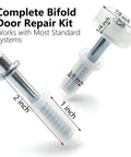 Heavy Duty Bifold Door Fix Kit Includes Spring Loaded Top Roller And Pivot Bracket For No Sweat Setup Folding Closet Pocket Barn Accordion Doors Fits 1 To 1 3 8 Inch Thick Panels with measurements displayed.