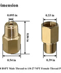 Two Pack 1/8 BSPT Male To 1/8-27 NPT Female Thread Adapter For Pressure Gauges Brass Quick Connect Converter Set Replacement For Worn Or Broken Fittings, brass, dimensions shown