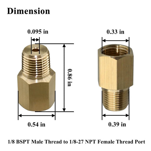 Two Pack 1/8 BSPT Male To 1/8-27 NPT Female Thread Adapter For Pressure Gauges Brass Quick Connect Converter Set Replacement For Worn Or Broken Fittings, brass, dimensions shown