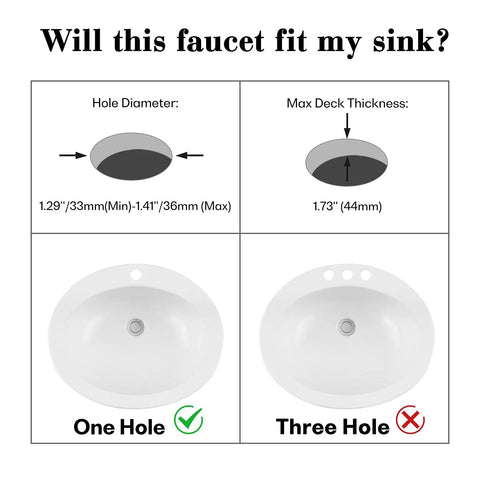 Diagram showing compatibility of Black 360 Degree Swivel Aerator Bathroom Sink Faucet with single-hole sinks.