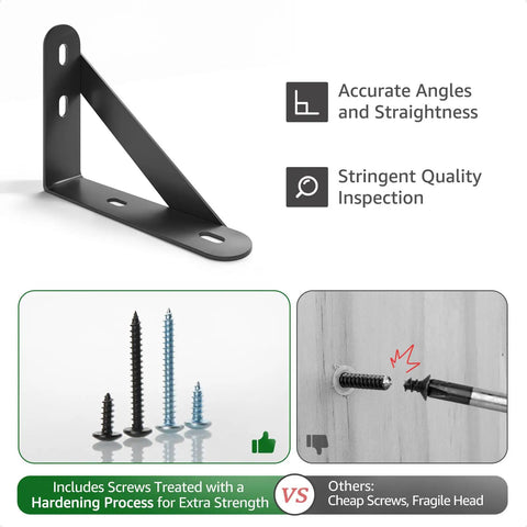 Heavy Duty Steel Wall Mount Shelf Brackets 4x3 Inch Black L Brackets showcasing strong design with screws for reliable mounting.