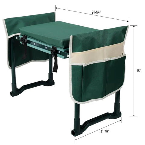 Kneeler And Seat Bench For Gardening With Foldable Stool, 10 Inch Wide Cushion, EVA Foam Pad, with tool pouches, side view