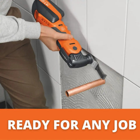 Person using Cordless Oscillating Multitool With 12V Battery, QuickIN Accessory Change In Under 3 Seconds for cutting copper pipe