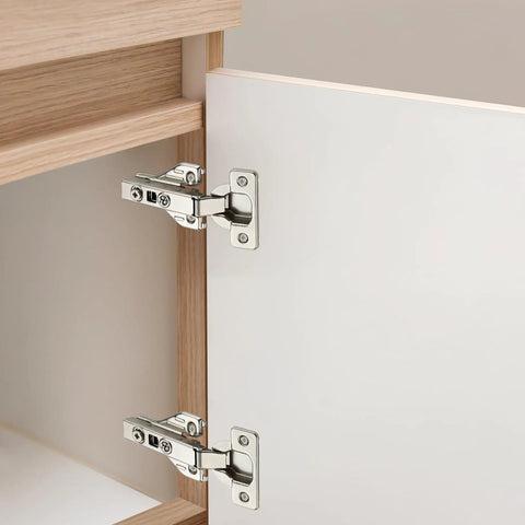 Heavy Duty Full Overlay Soft Close Cabinet Hinges Sixty Pack installed on kitchen cabinet door with wood frame.