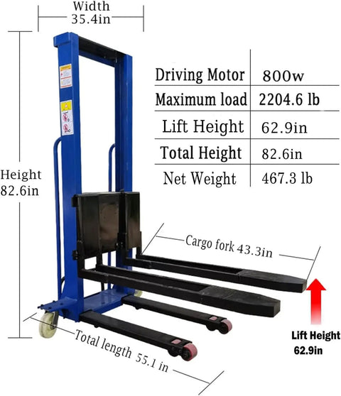 Semi Electric Pallet Stacker With Remote Control 1500 Lbs Heavy Duty Hydraulic Hand Truck adjustable lift height dimensions 62.9in blue
